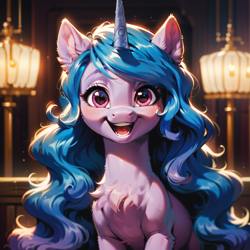 Size: 1024x1024 | Tagged: safe, imported from derpibooru, izzy moonbow, pony, unicorn, ai content, ai generated, cute, fluffy, g5, generator:pony diffusion v6 xl, generator:stable diffusion, happy, horn, looking at you, prompter:doom9454