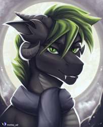 Size: 1694x2079 | Tagged: safe, artist:motley_ad, imported from derpibooru, oc, bust, clothes, fangs, horns, hybrid oc, male, moon, portrait, scarf, solo, stallion