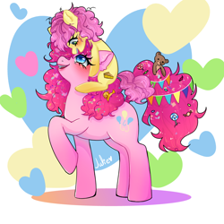 Size: 1000x1000 | Tagged: safe, artist:julieee3e, imported from derpibooru, li'l cheese, pinkie pie, earth pony, pony, the last problem, colt, female, foal, looking at each other, looking at someone, male, mama pinkie, mare, mother and child, mother and son, ponies riding ponies, riding