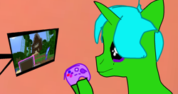 Size: 1364x721 | Tagged: safe, artist:joeydr, imported from derpibooru, oc, oc only, oc:green byte, pony, unicorn, controller, horn, male, minecraft, simple background, solo, stallion