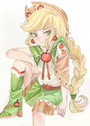 Size: 1460x2048 | Tagged: safe, artist:guotanbiantai, imported from derpibooru, applejack, human, equestria girls, braid, braided ponytail, clothes, dress, female, gala dress, humanized, ponytail, sitting, solo, traditional art, watercolor painting