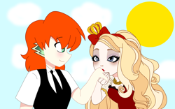 Size: 2600x1626 | Tagged: safe, artist:spike17, imported from derpibooru, spike, human, apple white, crossover, ever after high, hand kiss, human spike, humanized, love, orange hair, spike x ever after high, spikewhite