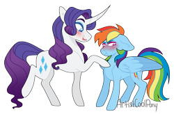 Size: 2489x1628 | Tagged: safe, artist:artistcoolpony, imported from derpibooru, rainbow dash, rarity, pegasus, pony, unicorn, blush scribble, blushing, curved horn, duo, duo female, female, floppy ears, height difference, horn, lesbian, looking away, mare, raridash, shipping, simple background, transparent background