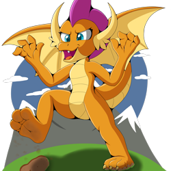 Size: 1919x1919 | Tagged: safe, artist:foxkai, imported from derpibooru, smolder, dragon, footprint, looking down, macro, mountain, open mouth, open smile, simple background, smiling, transparent background