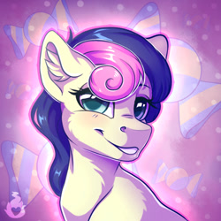 Size: 600x600 | Tagged: safe, artist:serenity, imported from derpibooru, bon bon, sweetie drops, earth pony, pony, background pony, bust, ear fluff, fluffy, glowing, looking at you, portrait, shiny mane, simple background, smiling, smiling at you, wingding eyes