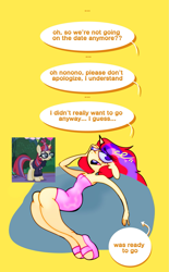 Size: 1321x2128 | Tagged: safe, artist:opossum-stuff, imported from derpibooru, moondancer, anthro, pony, unicorn, ..., braces, clothes, dialogue, disappointed, dress, female, floppy ears, horn, mare, open mouth, phone, sad, shoes, simple background, solo, speech bubble, strapless, strapless dress, talking, yellow background, yellow eyes