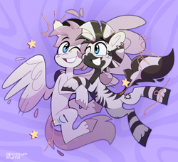 Size: 1638x1497 | Tagged: safe, artist:opossum-stuff, imported from derpibooru, oc, oc only, earth pony, zebra, belly, duo, earth pony oc, happy, hug, male, nuzzling, unshorn fetlocks, zebra oc