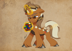 Size: 4961x3508 | Tagged: safe, artist:haruh_ink, imported from derpibooru, oc, oc only, oc:macchiato, unicorn, concentrating, cutie mark, glasses, horn, magic, rubik's cube, solo, unshorn fetlocks