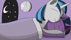 Size: 1920x1080 | Tagged: safe, artist:icycrymelon, imported from derpibooru, shining armor, twilight sparkle, pony, unicorn, bed, blanket, brother and sister, clock, eyes closed, female, horn, love, male, moon, night, pillow, siblings, sleeping, sleeping together, smiling, stars, straight, window