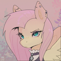 Size: 900x900 | Tagged: safe, artist:damsonfox, imported from derpibooru, fluttershy, pegasus, pony, bust, ear piercing, earring, female, fluttergoth, jewelry, mare, piercing, solo