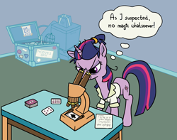 Size: 2340x1840 | Tagged: safe, artist:mafon, imported from derpibooru, twilight sparkle, pony, unicorn, alternate hairstyle, bags under eyes, female, implied trixie, looking at something, mare, messy mane, microscope, playing card, solo, thought bubble, trunk, unicorn twilight