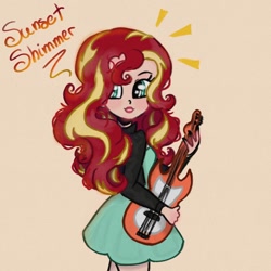 Size: 1280x1280 | Tagged: safe, artist:artmiiracle, imported from derpibooru, sunset shimmer, human, clothes, dress, eyeshadow, female, grin, guitar, humanized, jacket, leather, leather jacket, lipstick, makeup, musical instrument, nail polish, simple background, smiling, solo, sundress, yellow background