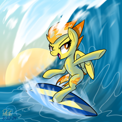 Size: 2000x2000 | Tagged: safe, artist:notadeliciouspotato, imported from derpibooru, spitfire, pegasus, pony, big head, bipedal, female, mare, ocean, open mouth, open smile, partially open wings, signature, smiling, solo, surfboard, surfing, water, wave, wings
