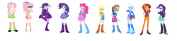 Size: 1920x445 | Tagged: safe, artist:leahrow, imported from derpibooru, applejack, fluttershy, pinkie pie, rainbow dash, rarity, sci-twi, sunset shimmer, trixie, twilight sparkle, human, equestria girls, boots, clothes, clothes swap, high heel boots, humane five, humane seven, humane six, personality swap, shoes, simple background, white background