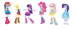 Size: 1280x509 | Tagged: safe, artist:leahrow, imported from derpibooru, applejack, fluttershy, pinkie pie, rainbow dash, rarity, sci-twi, twilight sparkle, human, equestria girls, boots, clothes, fall formal outfits, high heel boots, humane five, humane six, shoes, simple background, white background