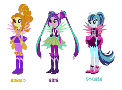Size: 1038x770 | Tagged: safe, artist:leahrow, artist:selenaede, imported from derpibooru, adagio dazzle, aria blaze, sonata dusk, equestria girls, legend of everfree, boots, clothes, crystal guardian, crystal wings, green wings, high heel boots, pink wings, ponied up, purple wings, shoes, the dazzlings, wings