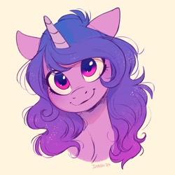 Size: 2757x2757 | Tagged: safe, artist:imalou, imported from derpibooru, izzy moonbow, pony, unicorn, bust, g5, horn, looking at you, smiling