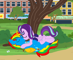 Size: 5740x4730 | Tagged: safe, artist:shieldwingarmorofgod, imported from derpibooru, starlight glimmer, oc, oc:shield wing, canon x oc, city, female, kissing, male, park, romantic, shipping, straight, tree