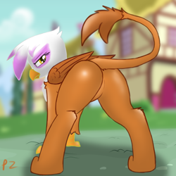 Size: 6000x6000 | Tagged: safe, artist:pzkratzer, imported from derpibooru, gilda, griffon, 30 minute art challenge, butt, butt focus, featureless crotch, gildonk, looking back, plot, presenting, raised tail, sexy, sketch, solo, stupid sexy gilda, sultry pose, tail, unamused