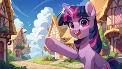 Size: 4536x2592 | Tagged: safe, imported from derpibooru, twilight sparkle, pony, unicorn, ai content, ai generated, cloud, cottage, female, generator:pony diffusion v6 xl, generator:stable diffusion, glowing, glowing horn, happy, horn, looking at you, magic, magic aura, mare, path, ponyville, prompt in description, prompter:ada, sky, smiling, solo, waving, waving at you