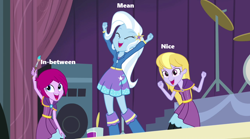 Size: 1280x714 | Tagged: safe, edit, edited screencap, imported from derpibooru, screencap, fuchsia blush, lavender lace, trixie, equestria girls, headcanon, in-between, mean, nice, trio, trixie and the illusions