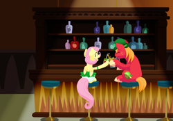Size: 2880x2000 | Tagged: safe, alternate version, anonymous artist, imported from derpibooru, big macintosh, fluttershy, earth pony, pegasus, pony, series:fm holidays, bar, bar stool, bloomers, bowler hat, cider, clothes, clover, colored, dress, eyes closed, female, fluttermac, four leaf clover, hat, high res, holiday, hoof hold, juice, juice box, lineless, male, mare, open mouth, open smile, saint patrick's day, shipping, sitting, smiling, stallion, straight, toasting