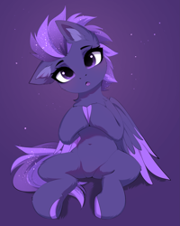 Size: 2587x3239 | Tagged: safe, artist:empress-twilight, imported from derpibooru, oc, oc only, oc:shadow galaxy, pegasus, pony, belly, belly button, blushing, commission, cute, ethereal mane, female, gradient background, hooves, hooves together, mare, one ear down, open mouth, pegasus oc, purple background, simple background, sitting, solo, starry mane, starry tail, tail, wings, ych result