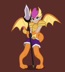 Size: 1024x1135 | Tagged: safe, artist:magerblutooth, imported from derpibooru, smolder, dragon, human, hybrid, armor, belt buckle, brown background, clothes, commission, dragon wings, elf ears, fingerless gloves, gloves, horns, jewelry, lidded eyes, looking at you, ring, scales, shorts, simple background, slit pupils, smiling, smiling at you, smirk, solo, spear, standing, tail, tail ring, transformation, vector, weapon, wings