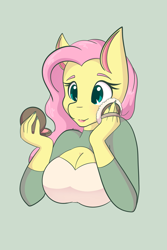 Size: 1365x2048 | Tagged: safe, artist:mscolorsplash, imported from derpibooru, fluttershy, anthro, pegasus, big breasts, breasts, bust, busty fluttershy, cleavage, female, green background, makeup, mare, mirror, open mouth, powder puff, simple background, solo