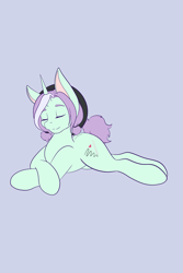 Size: 1365x2048 | Tagged: safe, artist:mscolorsplash, imported from derpibooru, oc, oc:mod chi, pony, unicorn, crossed hooves, eyes closed, female, horn, lying down, mare, ponysona, prone, smiling, solo, sploot