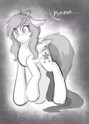 Size: 1463x2048 | Tagged: safe, artist:mscolorsplash, imported from derpibooru, oc, oc only, oc:color splash, pegasus, pony, concave belly, eye clipping through hair, female, grayscale, mare, monochrome, solo