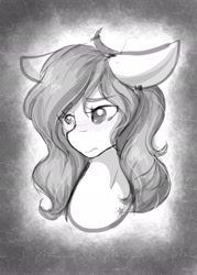 Size: 1463x2048 | Tagged: safe, artist:mscolorsplash, imported from derpibooru, oc, oc only, oc:color splash, pegasus, pony, bust, female, floppy ears, grayscale, mare, monochrome, solo