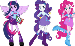 Size: 9927x6098 | Tagged: safe, artist:aqua-pony, imported from derpibooru, pinkie pie, rarity, twilight sparkle, equestria girls, book, boots, clothes, high heel boots, leg warmers, shoes, simple background, transparent background, vector