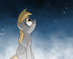 Size: 811x649 | Tagged: artist needed, source needed, safe, imported from derpibooru, derpy hooves, pegasus, pony, bubble, female, folded wings, gradient background, looking up, sitting, smiling, smoke, solo, wings