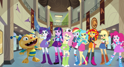 Size: 3500x1892 | Tagged: safe, artist:fireluigi29, artist:sugar-loop, imported from derpibooru, applejack, fluttershy, pinkie pie, princess skystar, rainbow dash, rarity, sunset shimmer, twilight sparkle, equestria girls, my little pony: the movie, boots, canterlot high, clothes, henry hugglemonster, high heel boots, shoes, the rainbooms