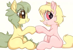 Size: 3942x2717 | Tagged: safe, artist:mushy, imported from derpibooru, oc, oc only, oc:candy pie, oc:pea, earth pony, pony, blank flank, duo, duo female, eye clipping through hair, female, filly, foal, holding hooves, looking at each other, looking at someone, round belly, simple background, sitting, white background