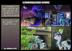 Size: 2407x1701 | Tagged: safe, artist:andaluce, imported from derpibooru, princess luna, oc, oc:black night, oc:haze northfleet, oc:malachite cluster, oc:moonlight selene, alicorn, bat pony, pony, unicorn, advertisement, chest fluff, city, cityscape, clothes, commission, commission info, cute, ear fluff, female, horn, kissing, lineless, male, mare, scarf, scenery, sitting, smiling, smirk, socks, stallion, tree, tribal, tribal markings