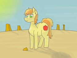 Size: 4080x3060 | Tagged: safe, artist:kokopingas98, imported from derpibooru, braeburn, earth pony, pony, butt, desert, digital art, heat, horizon, large butt, looking down, male, mesa, mountain, rock, scenery, shading, shadow, sky, solo, stallion, standing, stone