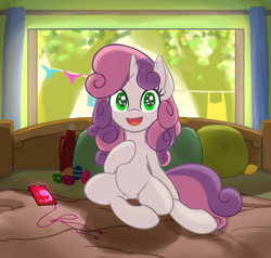 Size: 1578x1500 | Tagged: safe, artist:lemon, imported from derpibooru, sweetie belle, pony, unicorn, bed, bed hair, cellphone, clothes line, cute, easter, easter egg, female, filly, foal, food, holiday, horn, lemon, looking back, phone, pillow, smartphone, solo, window