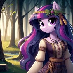 Size: 1024x1024 | Tagged: prompter needed, safe, imported from derpibooru, pinkie pie, twilight sparkle, ai content, ai generated, cyrillic, forest, nature, russian, slavic, solo, tree