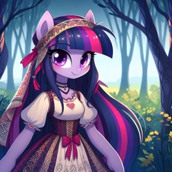 Size: 1024x1024 | Tagged: prompter needed, safe, imported from derpibooru, twilight sparkle, ai content, ai generated, cyrillic, forest, nature, russian, slavic, solo, tree