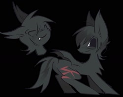 Size: 1578x1249 | Tagged: safe, artist:ponykip, imported from derpibooru, oc, oc only, unnamed oc, bat pony, pony, ambiguous gender, bat pony oc, bat wings, big ears, big eyes, black background, blushing, chest fluff, cute, cute little fangs, eyes closed, fangs, gray coat, gray mane, gray tail, leg scar, long tail, ponysona, profile, scar, simple background, small wings, smiling, solo, spread wings, tail, two toned mane, two toned tail, wings