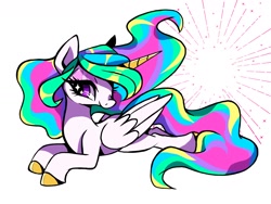Size: 1600x1200 | Tagged: safe, artist:stacy_165cut, imported from derpibooru, princess celestia, alicorn, pony, big eyes, colored hooves, colored horn, countershading, ethereal mane, ethereal tail, eye clipping through hair, eyelashes, eyeshadow, female, folded wings, horn, lidded eyes, looking back, lying down, makeup, mare, missing accessory, multicolored mane, multicolored tail, pink eyes, profile, prone, shiny hoof, simple background, smiling, sparkles, sparkly eyes, starry eyes, tail, unicorn horn, white background, white coat, wingding eyes, wings
