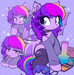 Size: 1668x1696 | Tagged: safe, artist:moozua, imported from derpibooru, oc, oc only, oc:lullaby, bat pony, pony, bat pony oc, bat wings, big eyes, blunt, bong, choker, clothes, colored pinnae, colored wings, controller, drink, drugs, ear piercing, ear tufts, earring, eye clipping through hair, eyebrows, eyebrows visible through hair, female, floating eyebrows, folded wings, gamecube controller, gauges, green eyes, high, industrial piercing, jewelry, licking, licking lips, lidded eyes, long mane, long socks, long tail, looking back, looking up, lying down, mare, marijuana, mountain dew, multicolored hair, multicolored mane, multicolored tail, open mouth, patterned background, piercing, ponysona, purple coat, purple mane, purple tail, rainbow hair, rainbow tail, raised hoof, ripped stockings, scene, scene hair, shoulderless shirt, sitting, smiling, socks, soda can, solo, sparkles, spread wings, stockings, tail, thigh highs, tongue out, torn clothes, triality, two toned wings, wall of tags, wingding eyes, wings