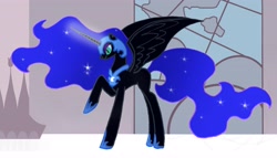 Size: 3927x2246 | Tagged: safe, artist:ladyroxanne7, imported from derpibooru, nightmare moon, oc, oc:nyx, alicorn, pony, fanfic:past sins, alicorn oc, boots, canterlot, canterlot castle, chestplate, clothes, ethereal hair, eyeshadow, fanfic art, floor, glowing, glowing horn, helmet, horn, makeup, nightmare nyx, pillar, raised hoof, scene interpretation, shoes, slit pupils, solo, spread wings, stained glass, stone, stone wall, wall, wings