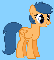 Size: 501x555 | Tagged: safe, artist:frozengembases, artist:maddiewondermanforever36, imported from twibooru, first base, pegasus, pony, adorabase, adult blank flank, alternate universe, background pony, base used, blank flank, blue background, cute, cyan background, female, folded wings, grin, image, mare, older, older first base, pegasus first base, png, race swap, simple background, smiling, solo, wings