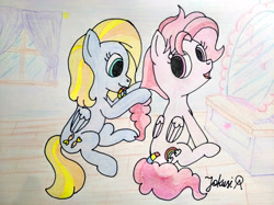 Size: 4032x3016 | Tagged: safe, artist:jakusi, bifröst, goldy wings, pegasus, pony, background pony, brush, curtains, drawer, female, friendship student, hair styling, hairband, hairbrush, looking back, mare, mirror, mouth hold, signature, sitting, tail wrap, window