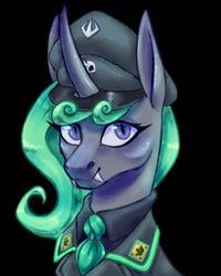 Size: 1024x1280 | Tagged: safe, artist:mr.catfish, imported from derpibooru, oc, oc:queen aurantia, changedling, changeling, equestria at war mod, blue eyes, clothes, equestria rises still (equestria at war submod), fangs, female, green mane, long ears, looking at you, military uniform, necktie, simple background, smiling, solo, uniform
