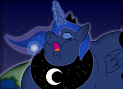 Size: 3510x2550 | Tagged: safe, artist:babclayman, imported from derpibooru, princess luna, alicorn, pony, chubby cheeks, earth, eating, eyes closed, fat, female, giant pony, giantess, macro, magic, mare, moon, morbidly obese, obese, open mouth, pony bigger than a planet, princess moonpig, telekinesis