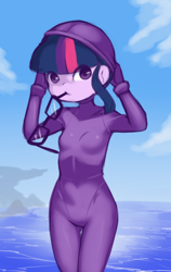 Size: 624x990 | Tagged: safe, artist:drantyno, imported from derpibooru, sci-twi, twilight sparkle, equestria girls, female, glasses, glasses off, looking at you, mouth hold, ocean, solo, water, wetsuit
